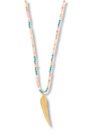 Pink Opal and Turquoise Feather Necklace