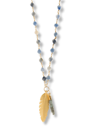 Blue Opal Necklace with Gold Feather