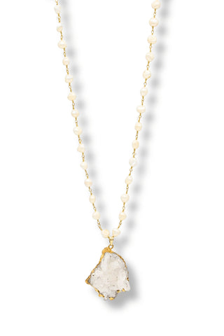 Crystal Quartz Pendant on Gold Pearl Chain