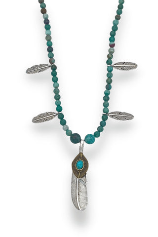 Silver Feather and Turquoise Necklace